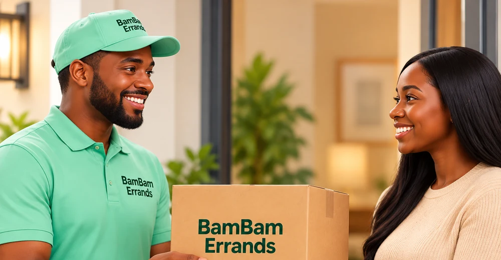 Illustrated Black male courier delivering a parcel to a smiling brown-skinned woman