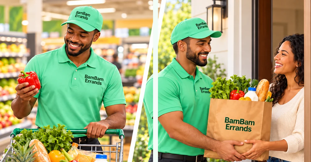 Two-stage illustrated scene: the same Black male BamBam courier shops alone, then brings the items to a customer’s doorstep