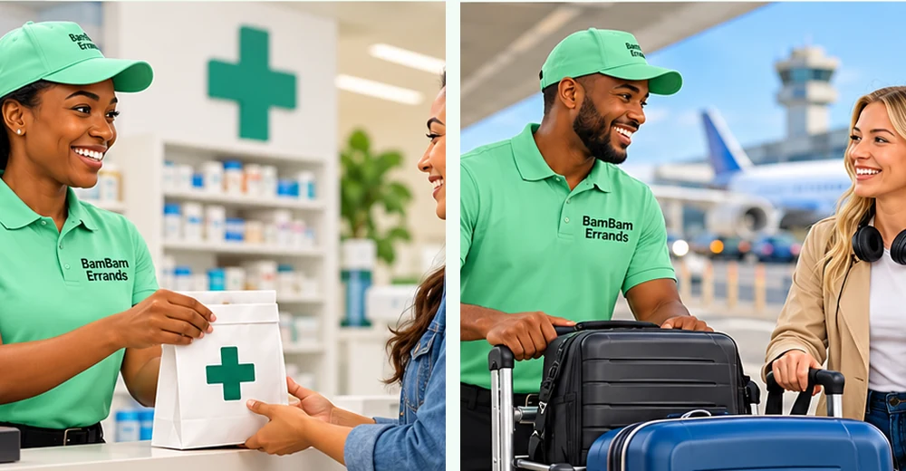 Illustrated pharmacy pickup and airport item handoff with diverse male and female couriers; items only, no passenger transportation